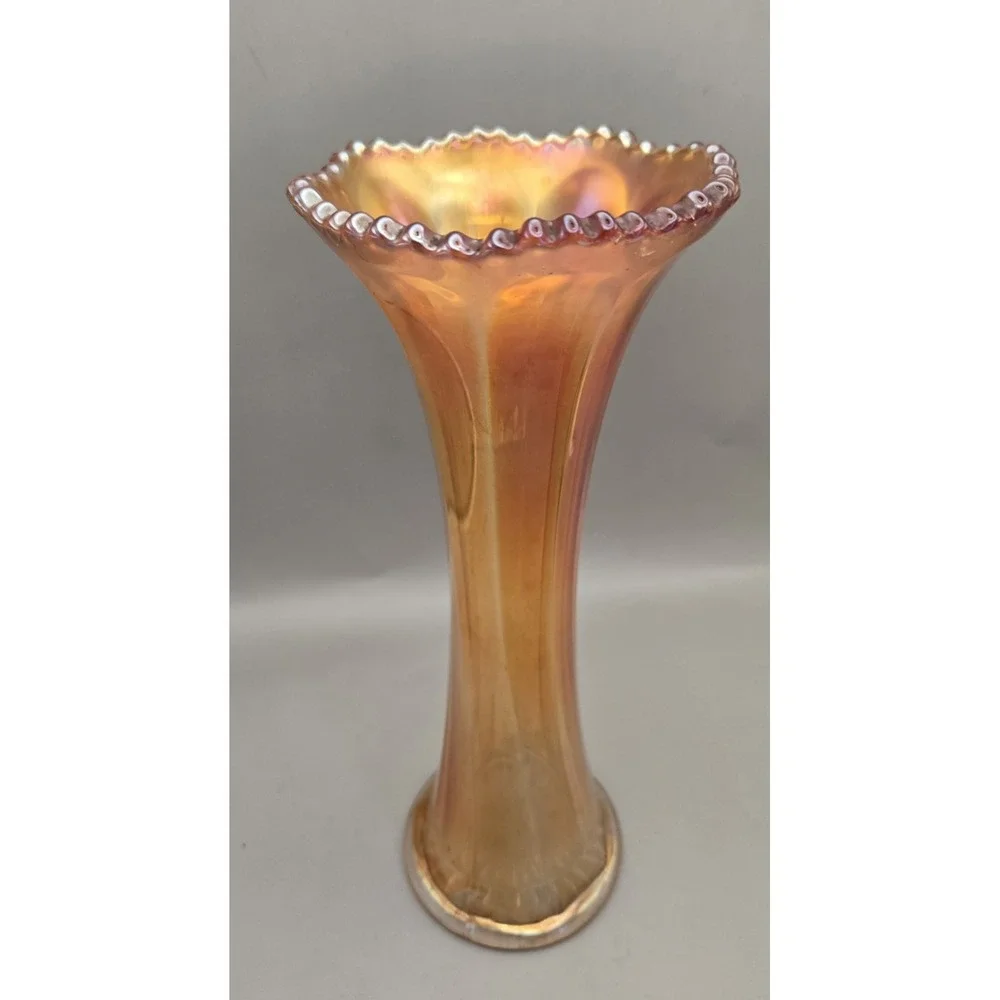 Vintage Swung Marigold Orange Iridescent Carnival Glass Vase B#33
